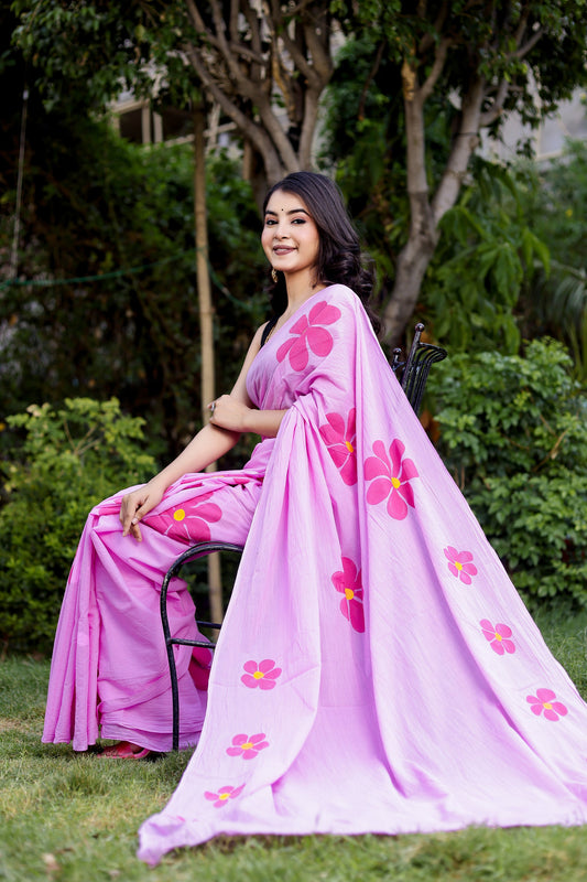 Baby pink flowers hand painted mul cotton saree