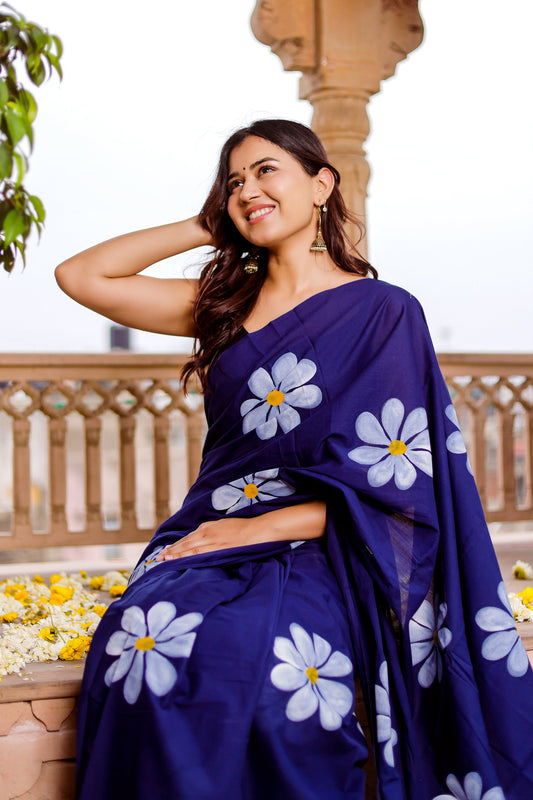 Blue hand painted mul cotton saree