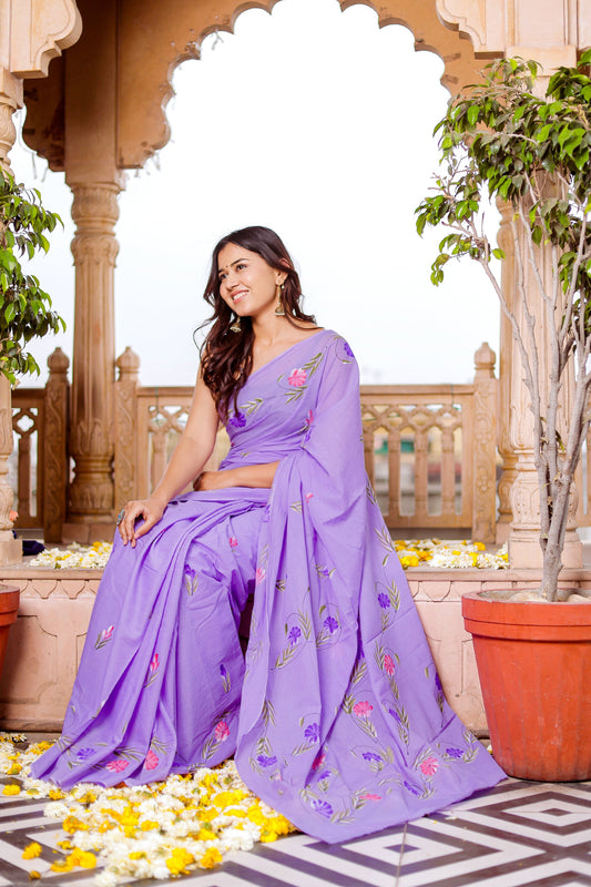 Lilac hand painted mul cotton saree