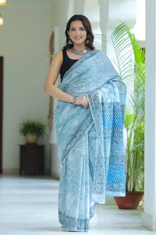 Marble Printed Grey Mul Cotton Saree