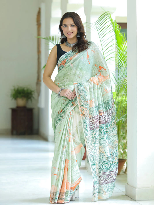 Marble printed Green Mul Cotton Saree