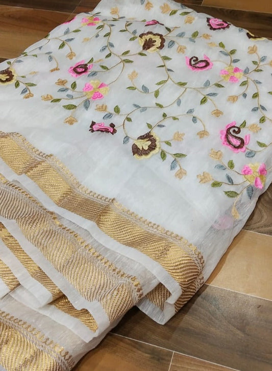 Pure Kota Linen Silk Hand Embroidery Work Saree With Blouse.