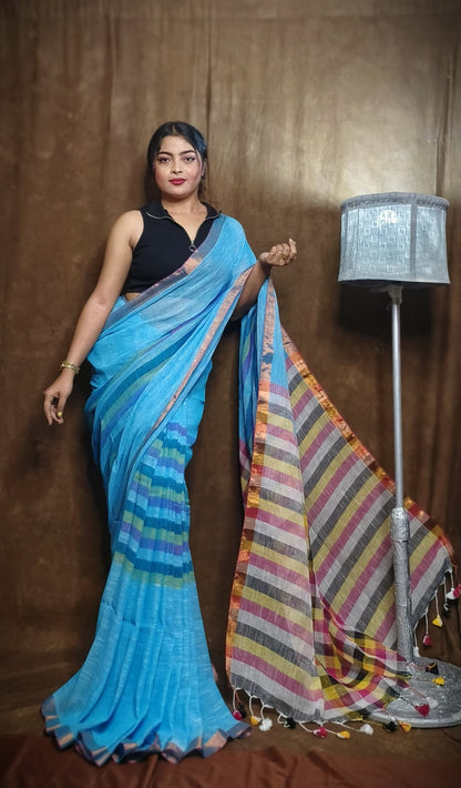 Handloom Linen Checks Saree with Indigo Blue