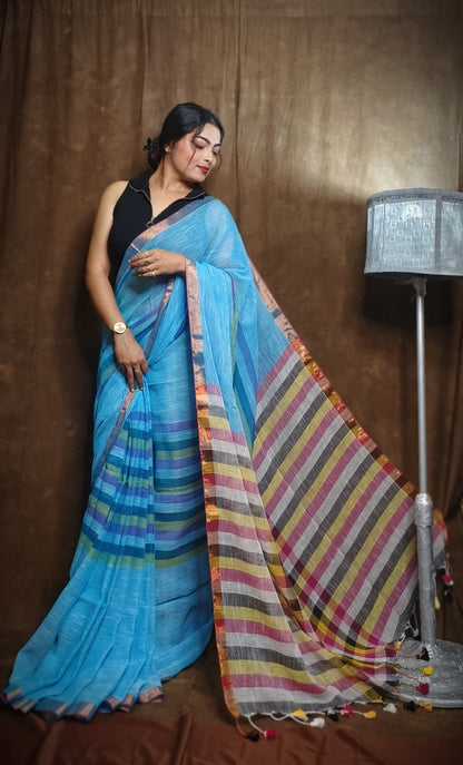 Handloom Linen Checks Saree with Indigo Blue