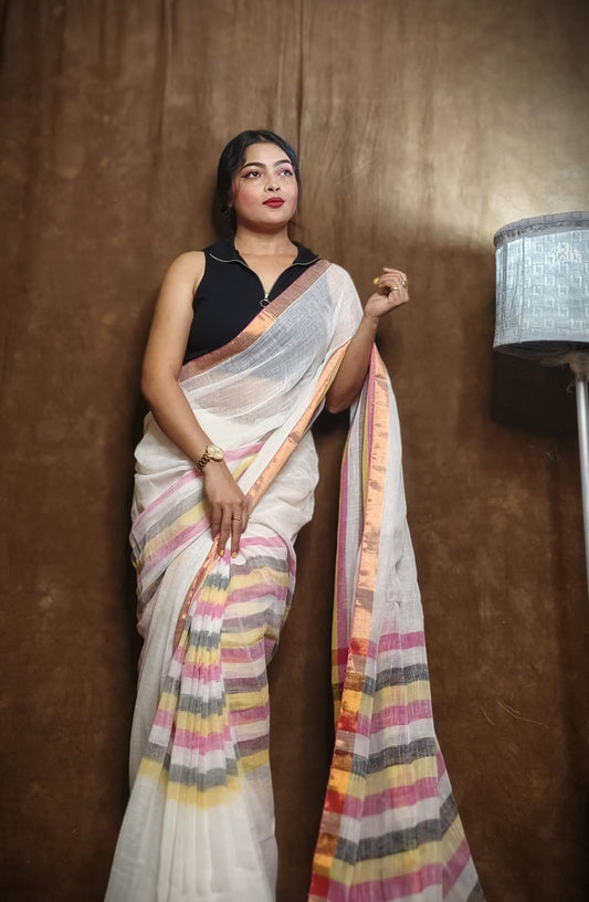 Handloom Linen Checks Saree with Multi Color Stripe Design