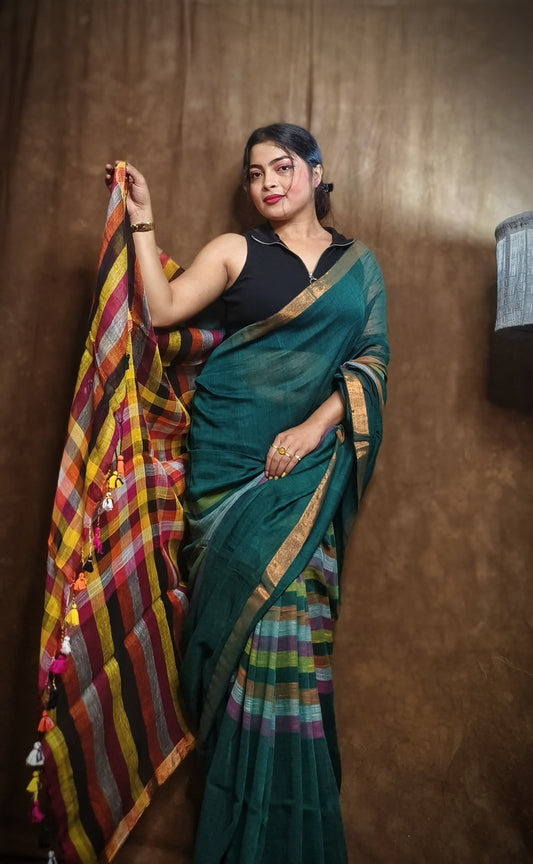 Handloom Linen Checks Saree with Peacock Green