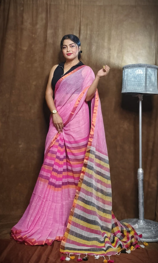 Handloom Linen Checks Saree with Pink