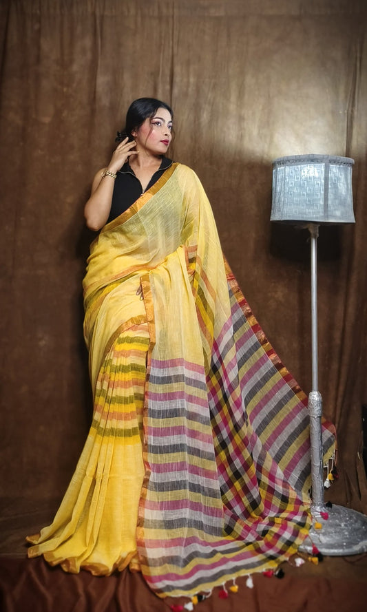 Handloom Linen Checks Saree with Mango Yellow