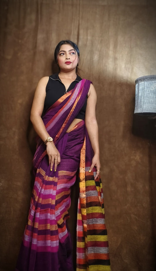 Handloom Linen Checks Saree with Pink and Multicolor Stripes