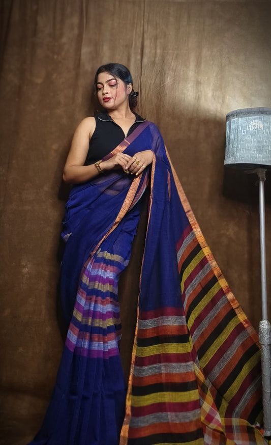 Handloom Linen Checks Saree with Blue and Multicolor Stripes Pallu