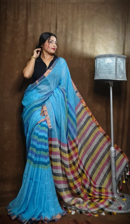 Handloom Linen Checks Saree with Indigo Blue